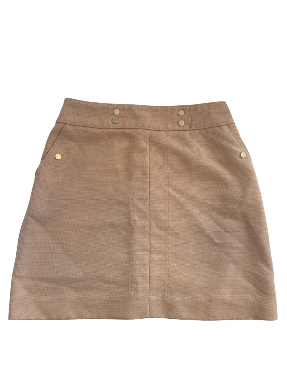 H&M tan high waisted mini skirt with gold tone hardware